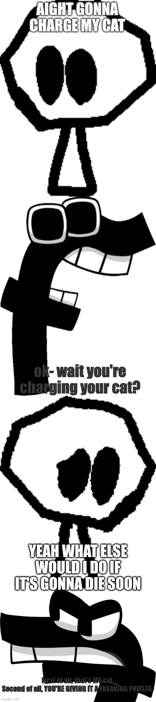 AIGHT GONNA CHARGE MY CAT ok- wait you're charging your cat? YEAH WHAT ELSE WOULD I DO IF IT'S GONNA DIE SOON First of all, that's MY cat.
S | made w/ Imgflip meme maker