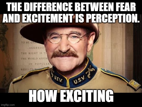 Fear vs Excitement | THE DIFFERENCE BETWEEN FEAR AND EXCITEMENT IS PERCEPTION. HOW EXCITING | image tagged in teddy roosevelt,robin williams | made w/ Imgflip meme maker