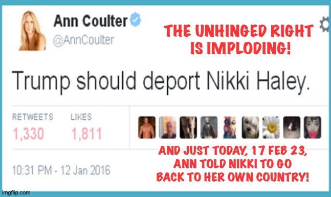 The unhinged Right at war with itself | THE UNHINGED RIGHT 
IS IMPLODING! AND JUST TODAY, 17 FEB 23,
 ANN TOLD NIKKI TO GO 

BACK TO HER OWN COUNTRY! | image tagged in ann coulter nikki haley | made w/ Imgflip meme maker