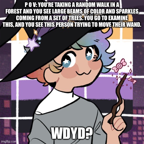 Any gender, no Bambi or joke OC’S and no killing/harming her please! | P O V: YOU’RE TAKING A RANDOM WALK IN A FOREST AND YOU SEE LARGE BEAMS OF COLOR AND SPARKLES COMING FROM A SET OF TREES. YOU GO TO EXAMINE THIS, AND YOU SEE THIS PERSON TRYING TO MOVE THEIR WAND. WDYD? | image tagged in roleplay | made w/ Imgflip meme maker