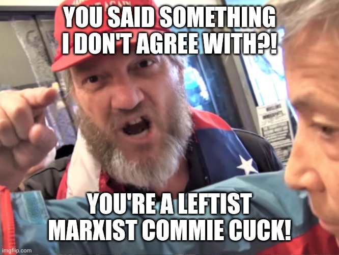 Angry Trump Supporter | YOU SAID SOMETHING I DON'T AGREE WITH?! YOU'RE A LEFTIST MARXIST COMMIE CUCK! | image tagged in angry trump supporter | made w/ Imgflip meme maker