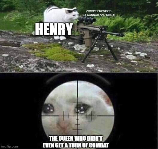 context: Henry is our fighter, Connor (my character) used Help and Daisy (bard) gave inspiration. We shot queen w/ a magic arrow | (SCOPE PROVIDED BY CONNOR AND DAISY); HENRY; THE QUEEN WHO DIDN'T EVEN GET A TURN OF COMBAT | image tagged in sniper cat | made w/ Imgflip meme maker