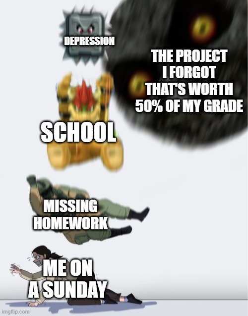 body slam (extended) | DEPRESSION; THE PROJECT I FORGOT THAT'S WORTH 50% OF MY GRADE; SCHOOL; MISSING HOMEWORK; ME ON A SUNDAY | image tagged in memes,funny,body slam,school | made w/ Imgflip meme maker