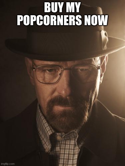 BUY MY POPCORNERS NOW | image tagged in walter white | made w/ Imgflip meme maker