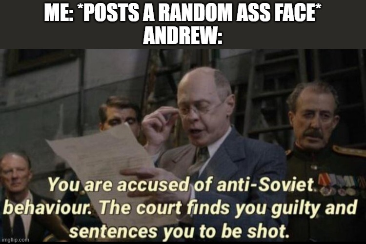 You are accused of anti-soviet behavior | ME: *POSTS A RANDOM ASS FACE*
ANDREW: | image tagged in you are accused of anti-soviet behavior | made w/ Imgflip meme maker