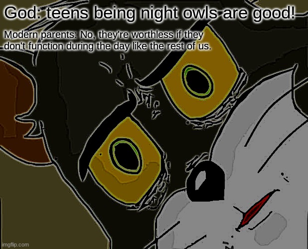 Unsettled Tom Meme | God: teens being night owls are good! Modern parents: No, they're worthless if they don't function during the day like the rest of us. | image tagged in memes,unsettled tom | made w/ Imgflip meme maker