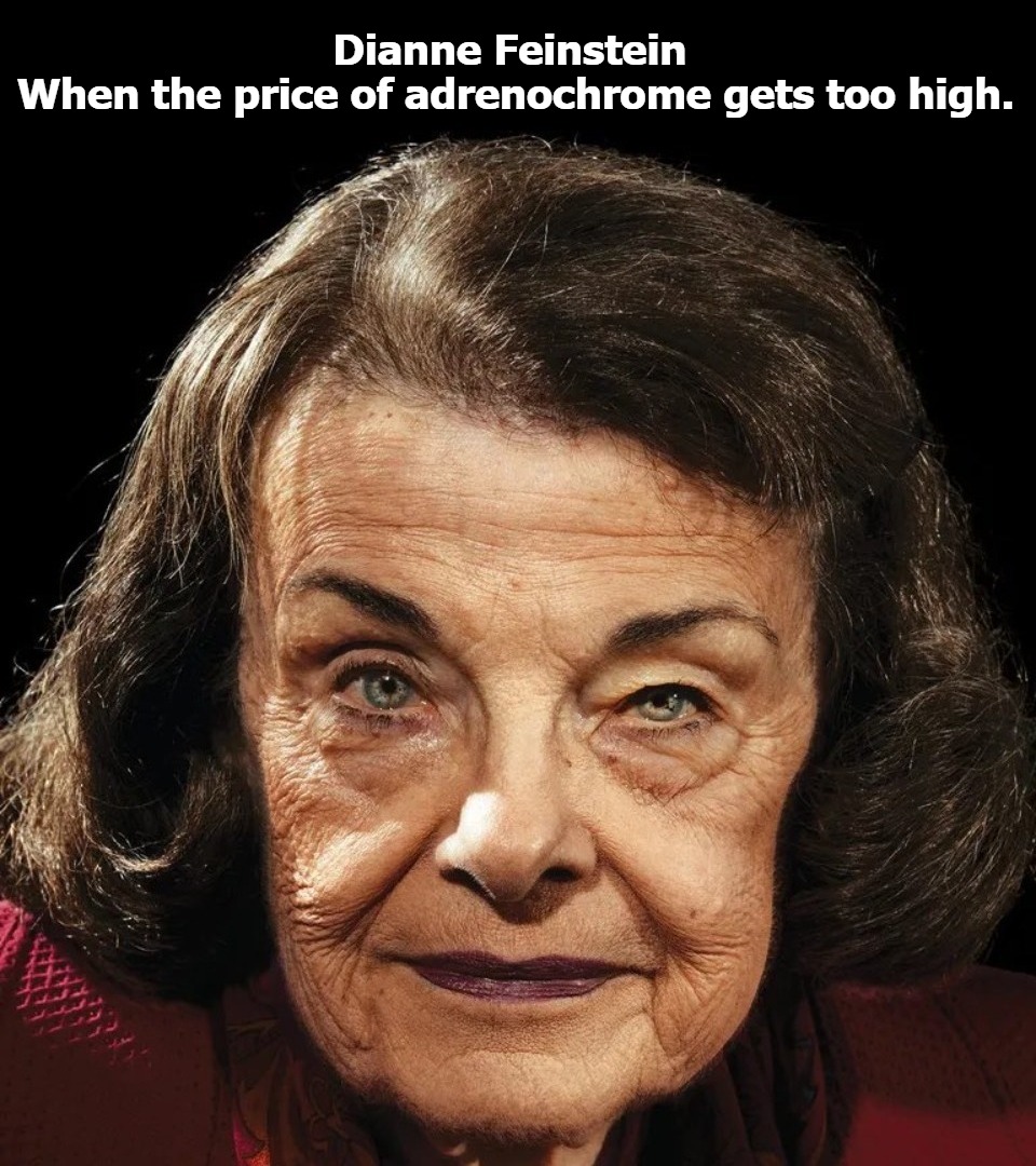 When the price of adrenochrome gets too high. | Dianne Feinstein 
When the price of adrenochrome gets too high. | image tagged in dianne feinstein,adrenochrome,bag,douchebag,pruneface,scumbag liberals | made w/ Imgflip meme maker