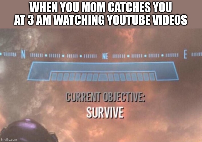Current Objective: Survive | WHEN YOU MOM CATCHES YOU AT 3 AM WATCHING YOUTUBE VIDEOS | image tagged in current objective survive | made w/ Imgflip meme maker