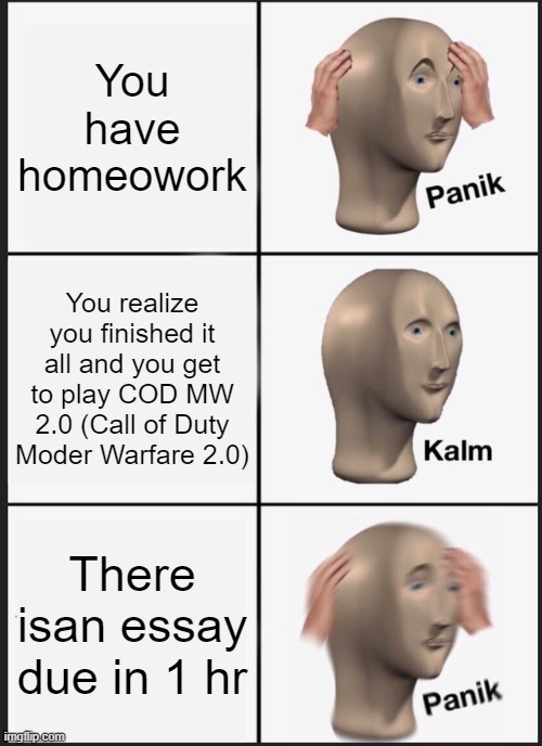 Panik Kalm Panik Meme | You have homeowork; You realize you finished it all and you get to play COD MW 2.0 (Call of Duty Moder Warfare 2.0); There isan essay due in 1 hr | image tagged in memes,panik kalm panik,homework,bruh,oh no | made w/ Imgflip meme maker