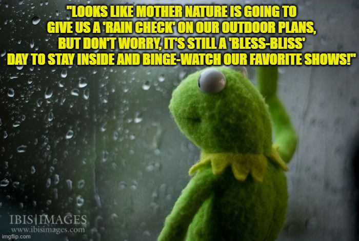 kermit window | "LOOKS LIKE MOTHER NATURE IS GOING TO GIVE US A 'RAIN CHECK' ON OUR OUTDOOR PLANS, BUT DON'T WORRY, IT'S STILL A 'BLESS-BLISS' DAY TO STAY INSIDE AND BINGE-WATCH OUR FAVORITE SHOWS!" | image tagged in kermit window | made w/ Imgflip meme maker