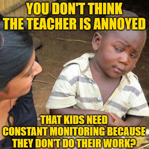 Third World Skeptical Kid Meme | YOU DON'T THINK THE TEACHER IS ANNOYED THAT KIDS NEED CONSTANT MONITORING BECAUSE THEY DON'T DO THEIR WORK? | image tagged in memes,third world skeptical kid | made w/ Imgflip meme maker