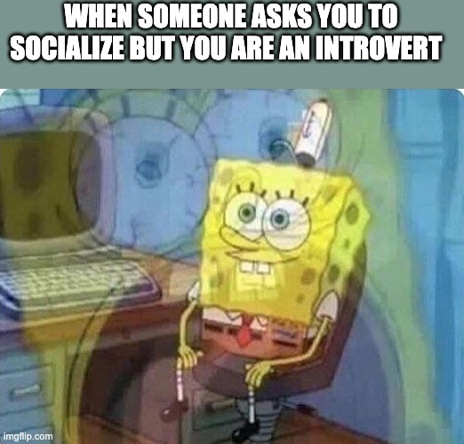 spongebob screaming inside | WHEN SOMEONE ASKS YOU TO SOCIALIZE BUT YOU ARE AN INTROVERT | image tagged in spongebob screaming inside | made w/ Imgflip meme maker
