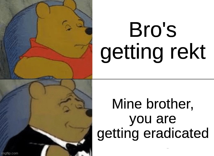 That moment when you see a guy beating up someone else in fortnight | Bro's getting rekt; Mine brother, you are getting eradicated | image tagged in memes,tuxedo winnie the pooh | made w/ Imgflip meme maker