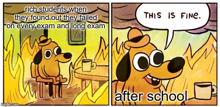 This is fine | rich students when they found out they failed on every exam and long exam; after school | image tagged in memes,this is fine | made w/ Imgflip meme maker