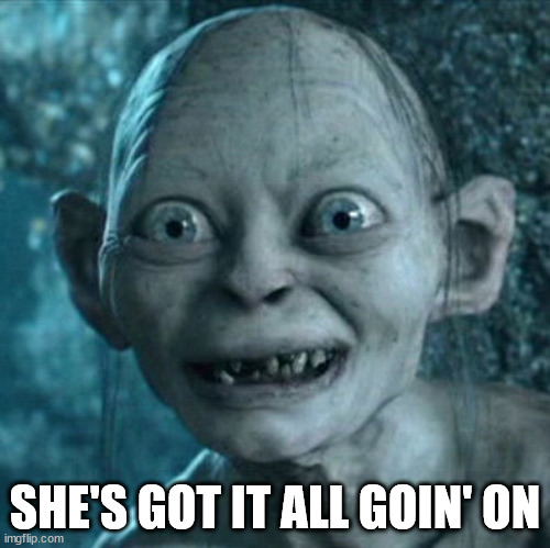 Gollum Meme | SHE'S GOT IT ALL GOIN' ON | image tagged in memes,gollum | made w/ Imgflip meme maker