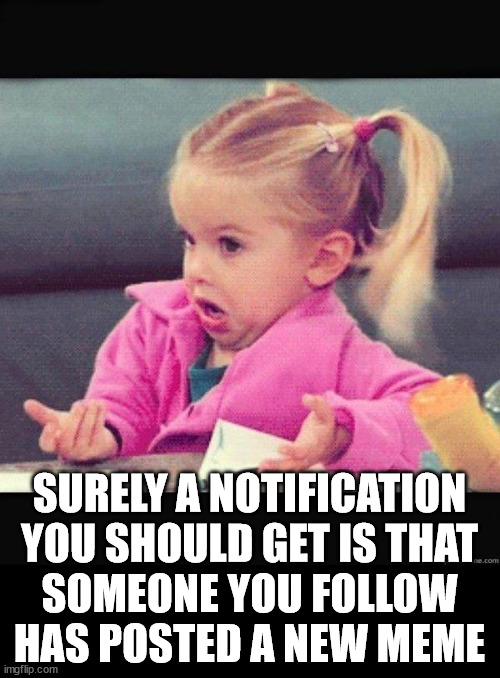 Why is this not an option? | SURELY A NOTIFICATION
YOU SHOULD GET IS THAT
SOMEONE YOU FOLLOW
HAS POSTED A NEW MEME | image tagged in i dont know girl,imgflip,notifications,upgrade | made w/ Imgflip meme maker