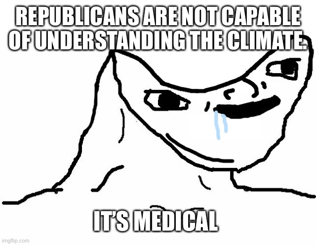 brainlet | REPUBLICANS ARE NOT CAPABLE OF UNDERSTANDING THE CLIMATE. IT’S MEDICAL | image tagged in brainlet | made w/ Imgflip meme maker