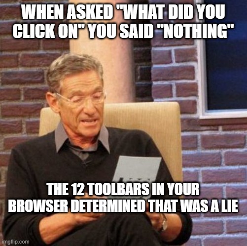 Maury Lie Detector Meme | WHEN ASKED "WHAT DID YOU CLICK ON" YOU SAID "NOTHING"; THE 12 TOOLBARS IN YOUR BROWSER DETERMINED THAT WAS A LIE | image tagged in memes,maury lie detector | made w/ Imgflip meme maker