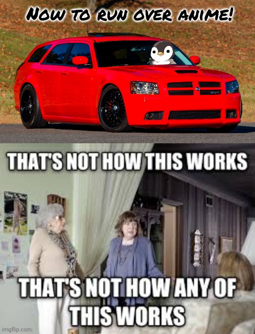 Penguin with a magnum | Now to run over anime! | image tagged in that's not how this works,dodge,magnum,get it | made w/ Imgflip meme maker