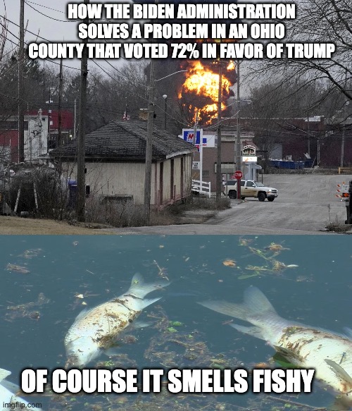 No FEMA Assistance for You | HOW THE BIDEN ADMINISTRATION SOLVES A PROBLEM IN AN OHIO COUNTY THAT VOTED 72% IN FAVOR OF TRUMP; OF COURSE IT SMELLS FISHY | image tagged in east palestine | made w/ Imgflip meme maker