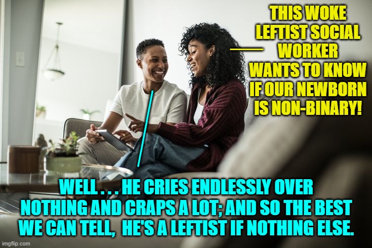 There . . . it just takes some common sense. | THIS WOKE LEFTIST SOCIAL WORKER WANTS TO KNOW IF OUR NEWBORN IS NON-BINARY! __; _____; WELL . . . HE CRIES ENDLESSLY OVER NOTHING AND CRAPS A LOT; AND SO THE BEST WE CAN TELL,  HE'S A LEFTIST IF NOTHING ELSE. | image tagged in truth | made w/ Imgflip meme maker