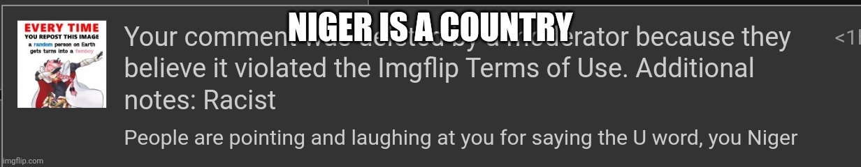 Site mods be like | NIGER IS A COUNTRY | made w/ Imgflip meme maker
