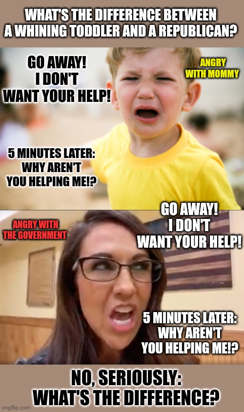 What's the difference between a whining toddler and a Republican? | WHAT'S THE DIFFERENCE BETWEEN
A WHINING TODDLER AND A REPUBLICAN? GO AWAY!
I DON'T WANT YOUR HELP! ANGRY WITH MOMMY; 5 MINUTES LATER:
WHY AREN'T YOU HELPING ME!? GO AWAY!
I DON'T WANT YOUR HELP! ANGRY WITH THE GOVERNMENT; 5 MINUTES LATER:
WHY AREN'T YOU HELPING ME!? NO, SERIOUSLY:
WHAT'S THE DIFFERENCE? | image tagged in whining,republican party,conservatives,stupid people,special kind of stupid,think about it | made w/ Imgflip meme maker