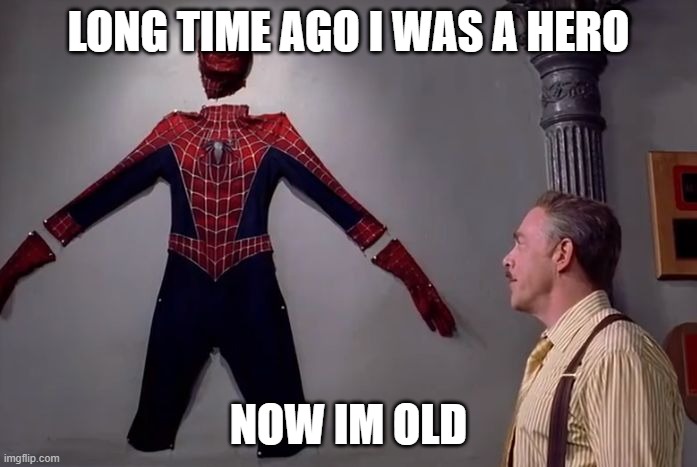 Spiderman gets old | LONG TIME AGO I WAS A HERO; NOW IM OLD | image tagged in hero | made w/ Imgflip meme maker