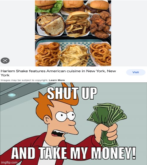 Best place to do the harlem shake EVAH!!!!! | SHUT UP; AND TAKE MY MONEY! | image tagged in memes,shut up and take my money fry,harlem shake,new york | made w/ Imgflip meme maker