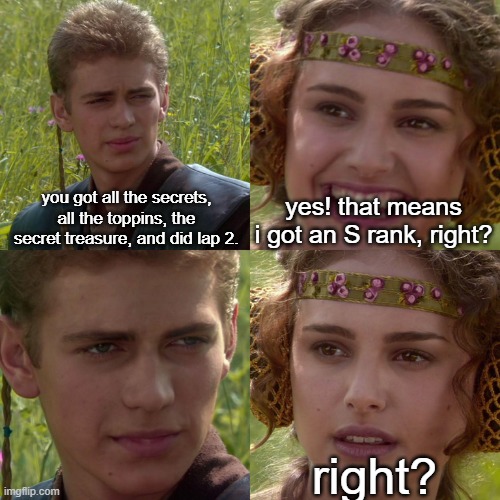 pizza tower scores are weird sometimes | you got all the secrets, all the toppins, the secret treasure, and did lap 2. yes! that means i got an S rank, right? right? | image tagged in anakin padme 4 panel | made w/ Imgflip meme maker