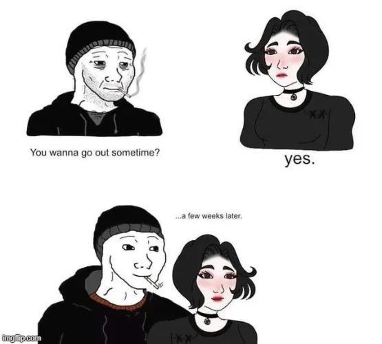 Oh, I still dream of a simple life Boy meets girl, makes her his wife | image tagged in wojak,chad,memes,wholesome,wholesome content,together | made w/ Imgflip meme maker
