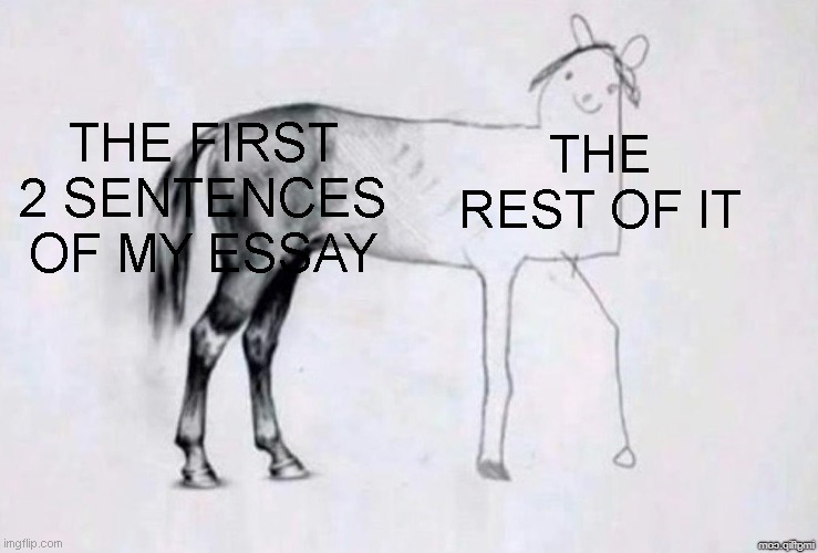 You just get the best introduction and then it goes downwards from there. | THE FIRST 2 SENTENCES OF MY ESSAY; THE REST OF IT | image tagged in horse drawing,fun,memes,funny,relatable | made w/ Imgflip meme maker