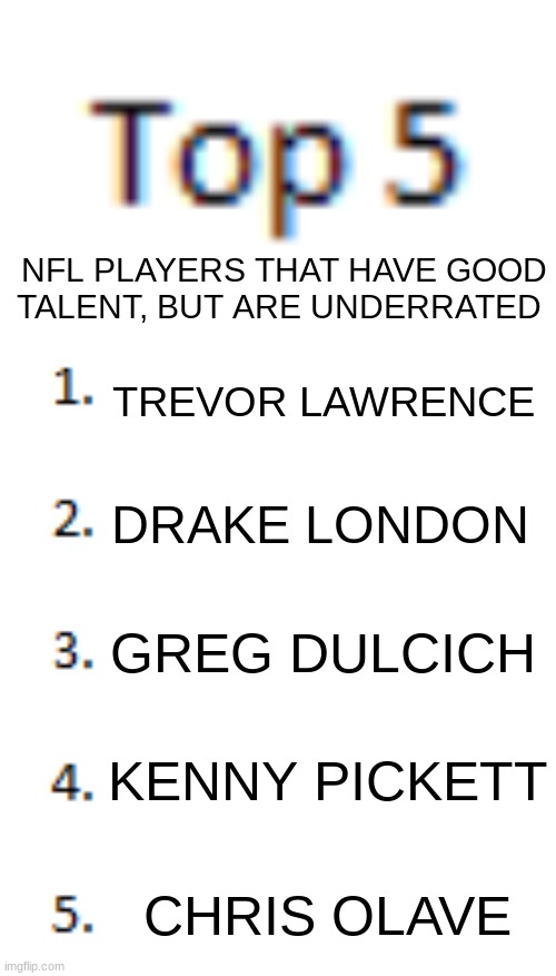 Top 5 List | NFL PLAYERS THAT HAVE GOOD TALENT, BUT ARE UNDERRATED; TREVOR LAWRENCE; DRAKE LONDON; GREG DULCICH; KENNY PICKETT; CHRIS OLAVE | image tagged in top 5 list | made w/ Imgflip meme maker