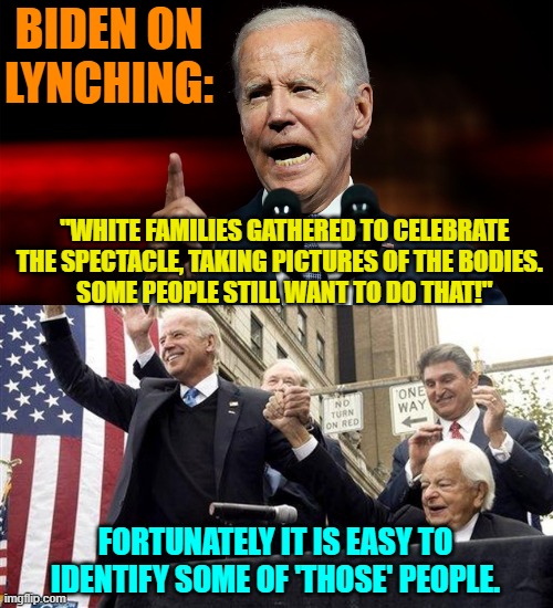 Biden's handlers must cringe every time their 'boss' speaks in public. | BIDEN ON LYNCHING:; "WHITE FAMILIES GATHERED TO CELEBRATE THE SPECTACLE, TAKING PICTURES OF THE BODIES. 
 SOME PEOPLE STILL WANT TO DO THAT!"; FORTUNATELY IT IS EASY TO IDENTIFY SOME OF 'THOSE' PEOPLE. | image tagged in truth | made w/ Imgflip meme maker