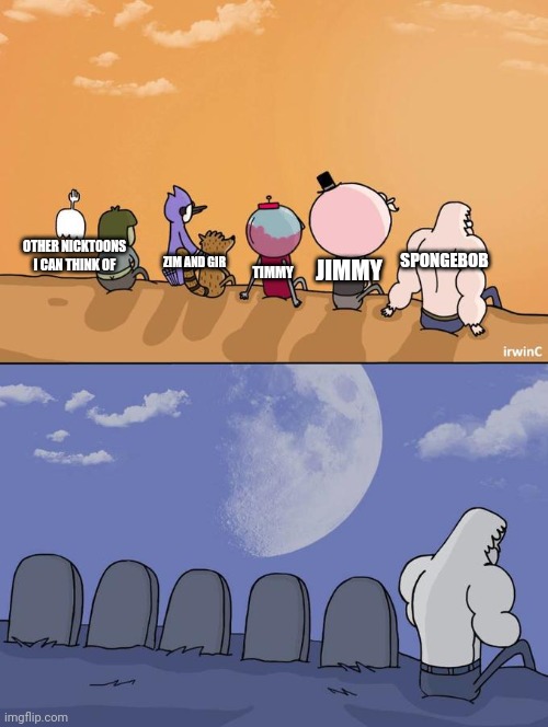 R.I.P | OTHER NICKTOONS I CAN THINK OF; ZIM AND GIR; SPONGEBOB; JIMMY; TIMMY | image tagged in skips sitting next to graves,nickelodeon,spongebob,jimmy neutron,fairly odd parents,invader zim | made w/ Imgflip meme maker