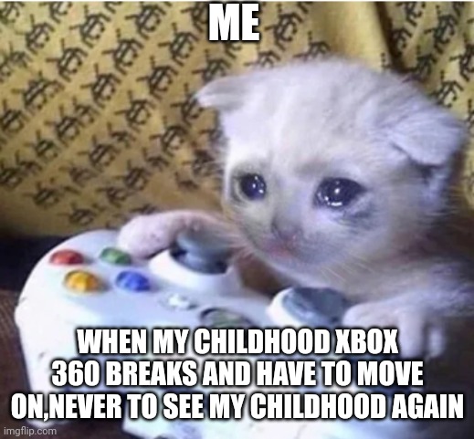 Relatable | ME; WHEN MY CHILDHOOD XBOX 360 BREAKS AND HAVE TO MOVE ON,NEVER TO SEE MY CHILDHOOD AGAIN | image tagged in sad gaming cat | made w/ Imgflip meme maker