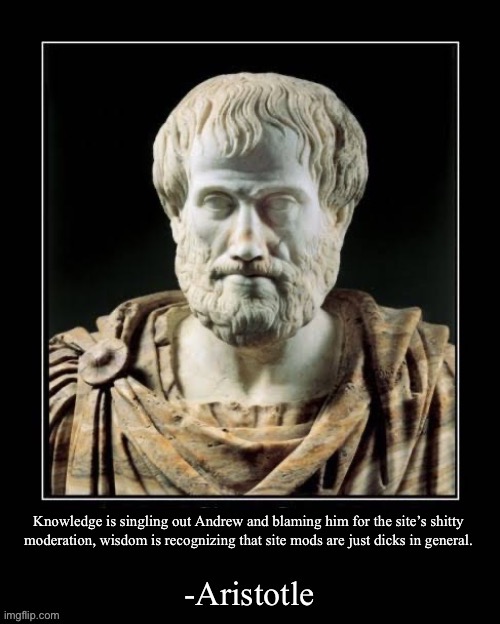 -Aristotle | Knowledge is singling out Andrew and blaming him for the site’s shitty moderation, wisdom is recognizing that site mods are just dicks in general. | image tagged in -aristotle | made w/ Imgflip meme maker