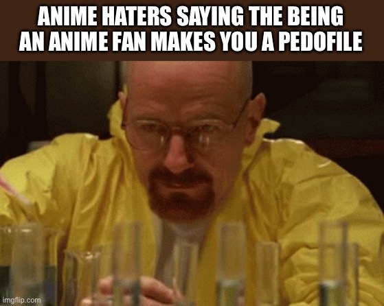 Walter white said liking anime doesn’t make you a p*dophile | ANIME HATERS SAYING THE BEING AN ANIME FAN MAKES YOU A PEDOFILE | image tagged in walter white cooking,anime,anti anime,pedophile,walter white,breaking bad | made w/ Imgflip meme maker