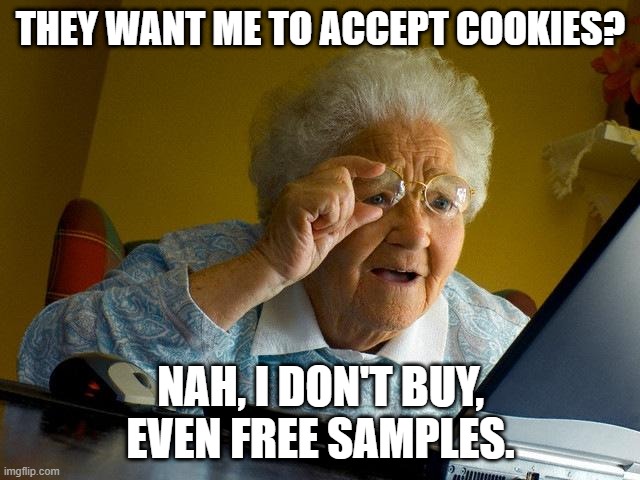 That might be smart. | THEY WANT ME TO ACCEPT COOKIES? NAH, I DON'T BUY, EVEN FREE SAMPLES. | image tagged in memes,grandma finds the internet,cookies,goofy,bad puns | made w/ Imgflip meme maker
