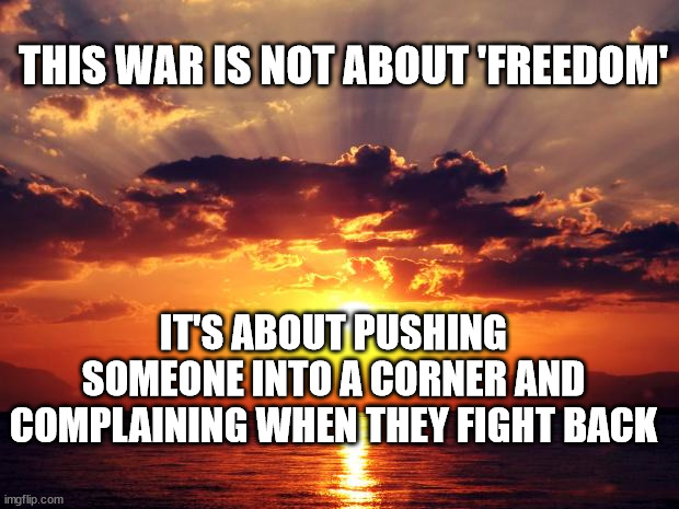 Sunset | THIS WAR IS NOT ABOUT 'FREEDOM'; IT'S ABOUT PUSHING SOMEONE INTO A CORNER AND COMPLAINING WHEN THEY FIGHT BACK | image tagged in sunset | made w/ Imgflip meme maker