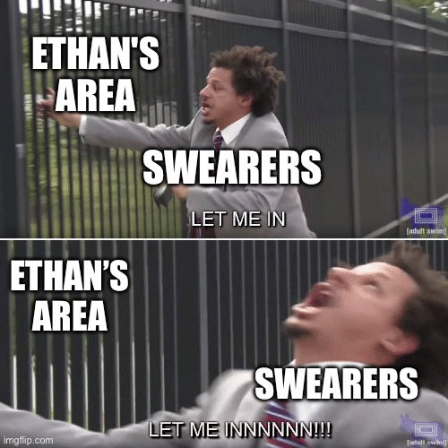 No swearers | ETHAN'S AREA; SWEARERS; ETHAN’S AREA; SWEARERS | image tagged in eric andre let me in meme | made w/ Imgflip meme maker