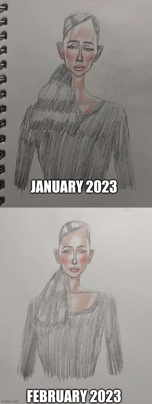I Redrew My Art From a Month Ago "Makeup Model" | JANUARY 2023; FEBRUARY 2023 | image tagged in art,artwork,drawing,color,makeup,me | made w/ Imgflip meme maker
