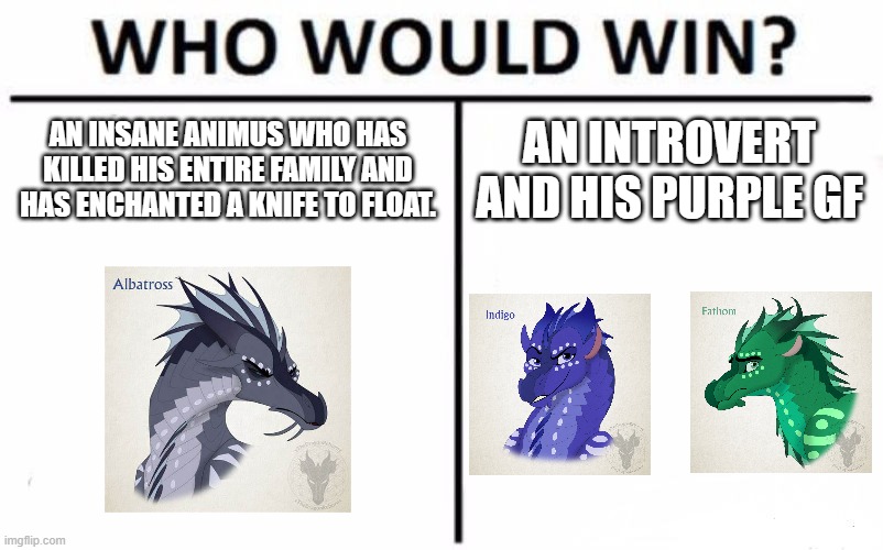 Who Would Win? Meme | AN INSANE ANIMUS WHO HAS KILLED HIS ENTIRE FAMILY AND HAS ENCHANTED A KNIFE TO FLOAT. AN INTROVERT AND HIS PURPLE GF | image tagged in memes,who would win | made w/ Imgflip meme maker