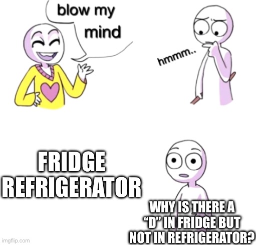 Questioning, isn’t it? | FRIDGE 
REFRIGERATOR; WHY IS THERE A “D” IN FRIDGE BUT NOT IN REFRIGERATOR? | image tagged in blow my mind | made w/ Imgflip meme maker