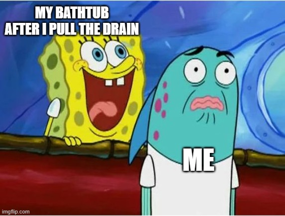 Spongebob yelling | MY BATHTUB AFTER I PULL THE DRAIN; ME | image tagged in spongebob yelling | made w/ Imgflip meme maker
