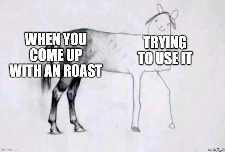 Horse Drawing | WHEN YOU COME UP WITH AN ROAST; TRYING TO USE IT | image tagged in horse drawing | made w/ Imgflip meme maker