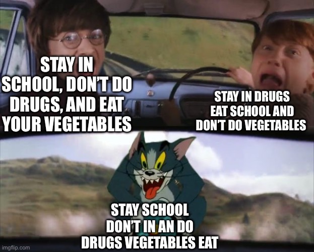 Tom chasing Harry and Ron Weasly | STAY IN SCHOOL, DON’T DO DRUGS, AND EAT YOUR VEGETABLES STAY IN DRUGS EAT SCHOOL AND DON’T DO VEGETABLES STAY SCHOOL DON’T IN AN DO DRUGS VE | image tagged in tom chasing harry and ron weasly | made w/ Imgflip meme maker