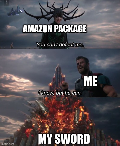 You can't defeat me | AMAZON PACKAGE; ME; MY SWORD | image tagged in you can't defeat me | made w/ Imgflip meme maker