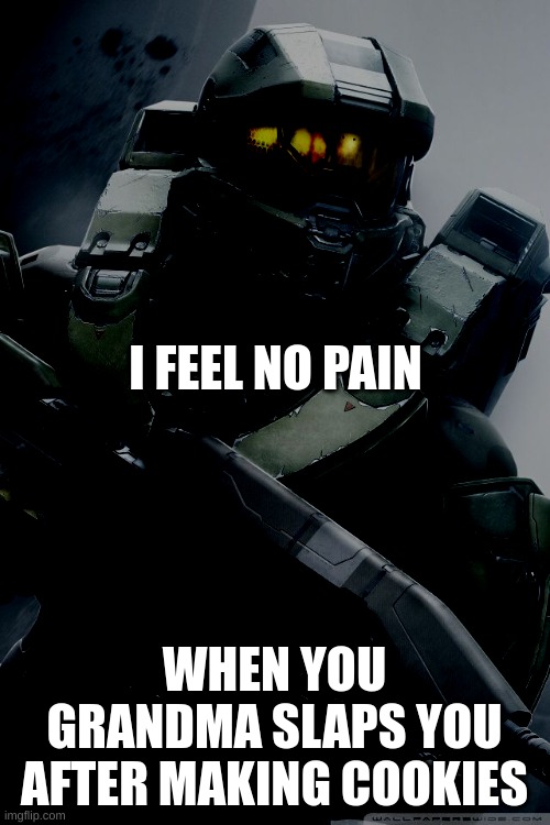 master chief | WHEN YOU GRANDMA SLAPS YOU AFTER MAKING COOKIES I FEEL NO PAIN | image tagged in master chief | made w/ Imgflip meme maker