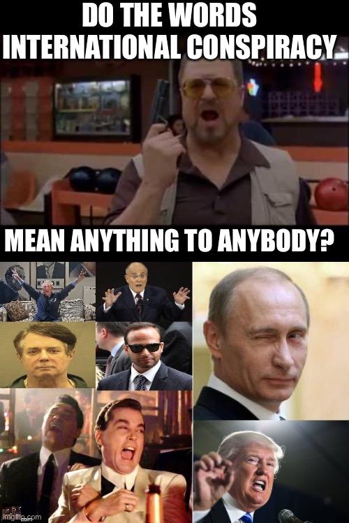 DO THE WORDS INTERNATIONAL CONSPIRACY; MEAN ANYTHING TO ANYBODY? | image tagged in walter sobchak big lebowski gun,criminal meme collage | made w/ Imgflip meme maker